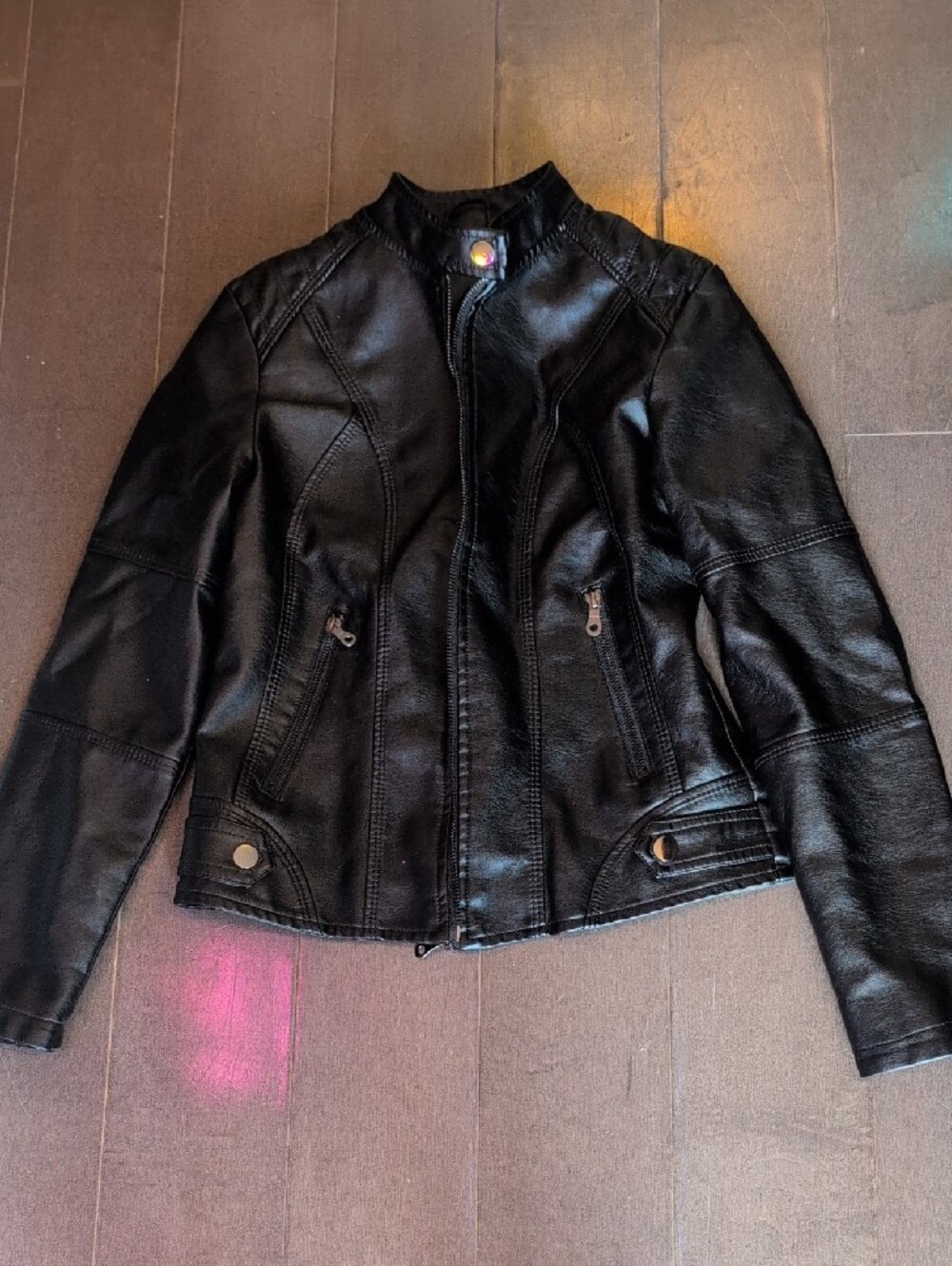 Black Women's Faux Leather Moto Jacket - Picture 2 of 3